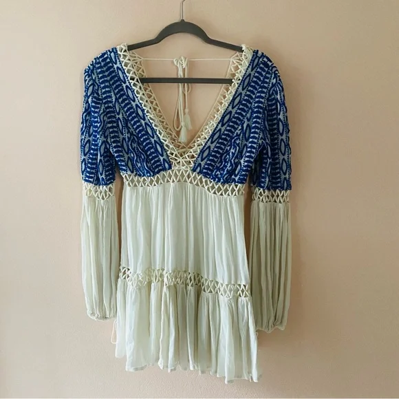 FREE PEOPLE DUSK TIL DAWN LONG SLEEVE WHITE ANE BLUE MINI DRESS - Picture 2 of 4